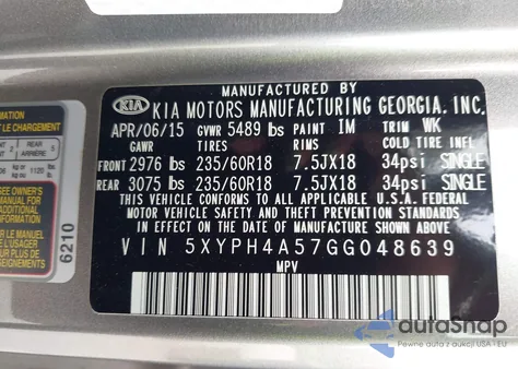 2016 Kia Sorento 3.3L Ex из США, поврежденный, VIN 5XYPH4A57GG048639